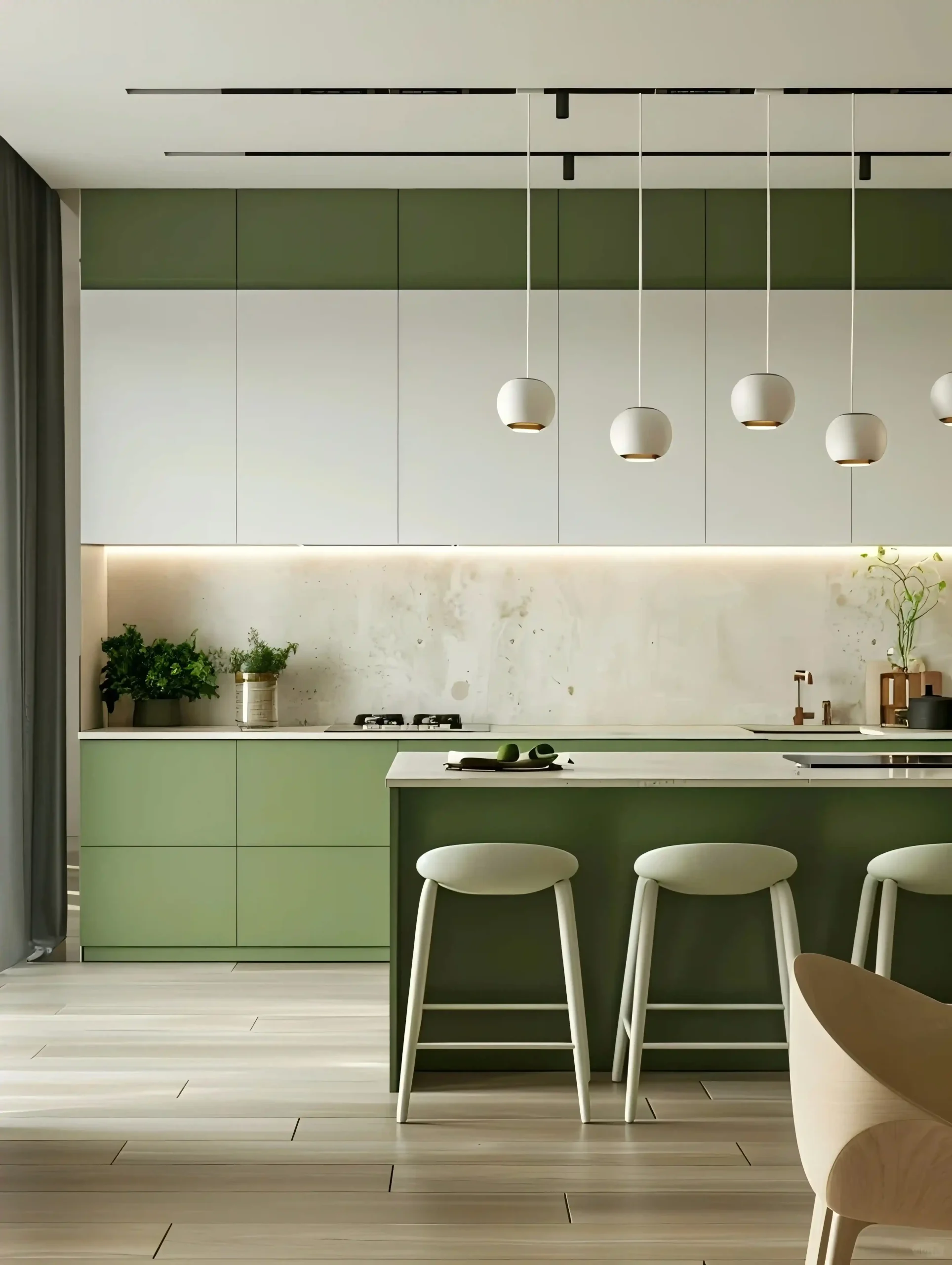 Stylish green and white kitchen with pendant lighting and a large island Stylish green and white kitchen with pendant lighting and a large island