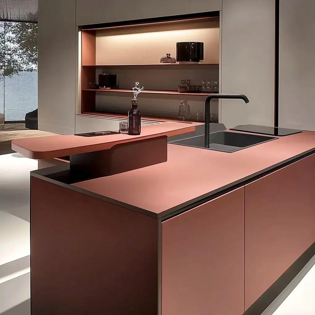 Stylish kitchen island with rose countertops and black sink