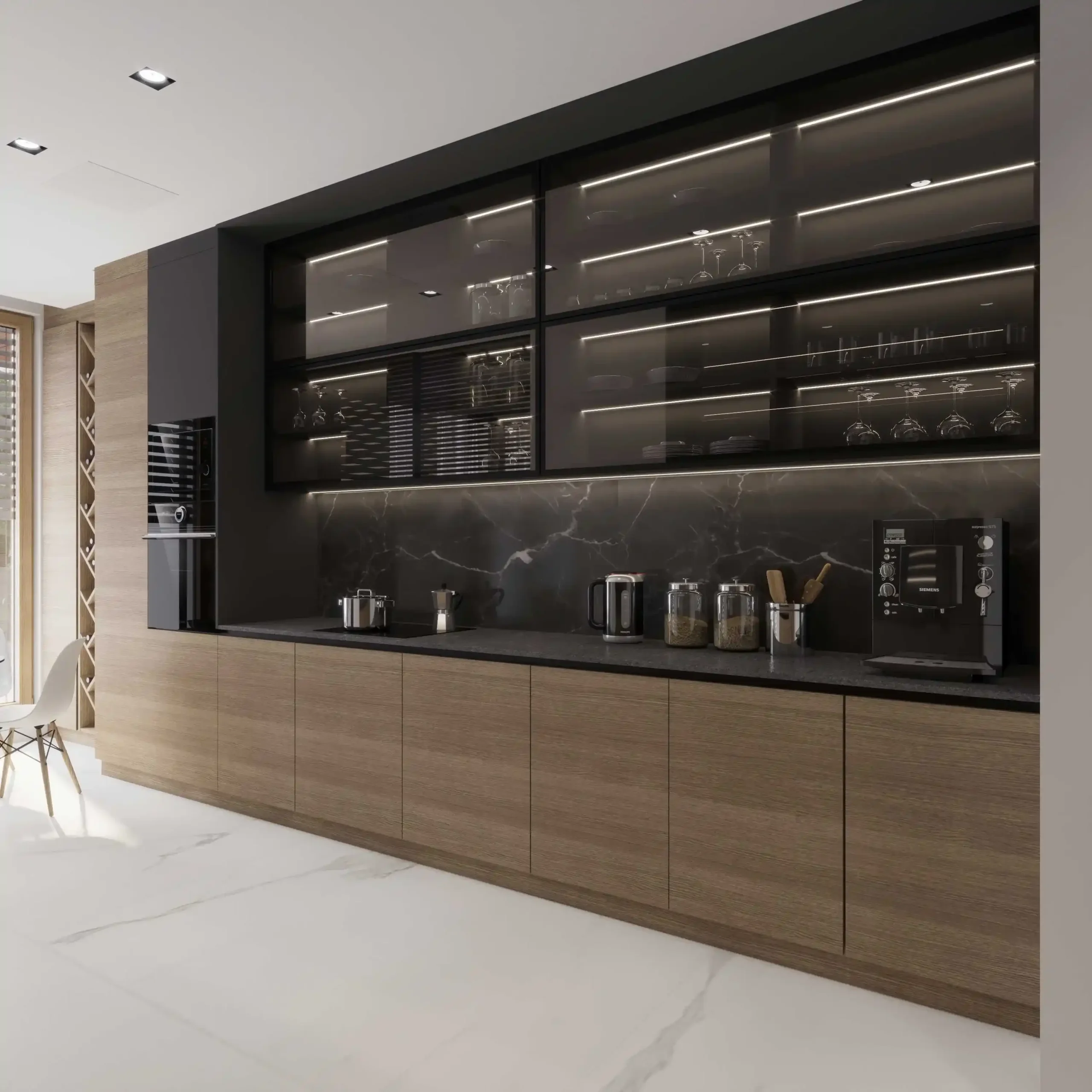 Stylish taupe kitchen featuring glass shelves dark countertops and built in coffee station Stylish taupe kitchen featuring glass shelves dark countertops and built in coffee station