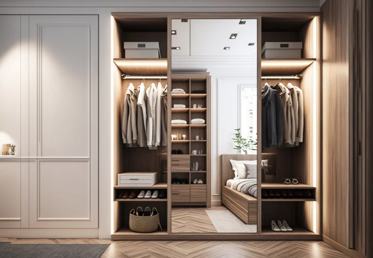 Stylish wooden wardrobe with lighting shelves and a bed nearby