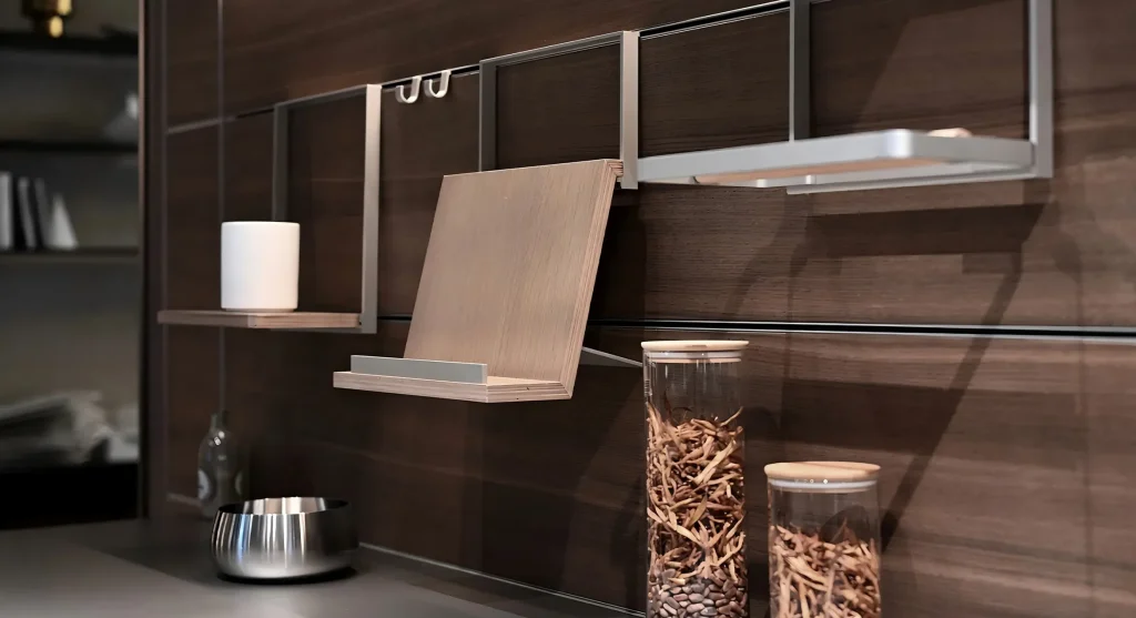 Wall mounted holder with shelves for jars a board and accessories
