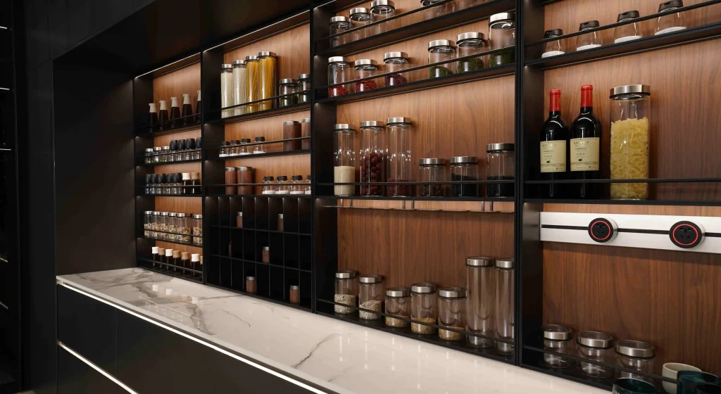 Wooden seasoning rack with jars bottles and spices neatly organized