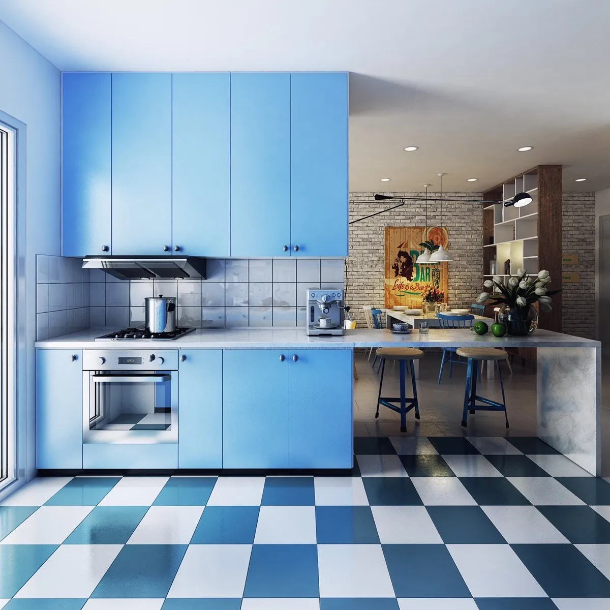 Modern blue kitchen cabinet with Checkerboard Flooring Modern blue kitchen cabinet with Checkerboard Flooring