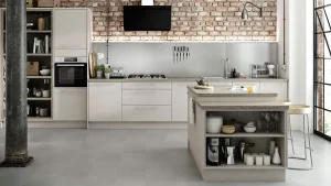 Modern kitchen with a sleek island and open shelving