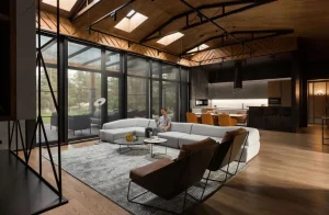 Cozy modern villa loft with man on light gray sectional