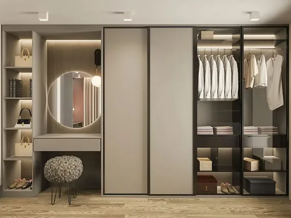 Minimalist closet with sliding doors vanity and organized space