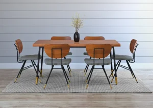 Modern dining table with six stylish chairs and a vase
