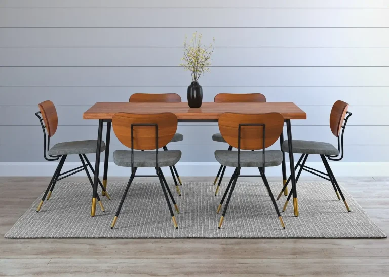 Modern dining table with six stylish chairs and a vase