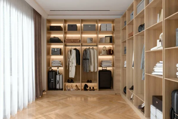 Modern wooden closet with shelves and hanging clothes