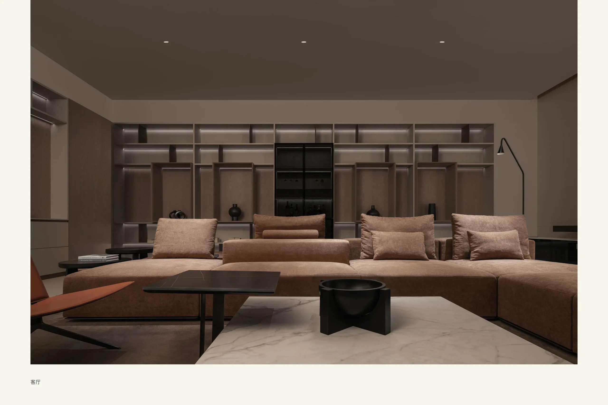 Qatar Villa Elegant brown sectional with shelves and soft lighting