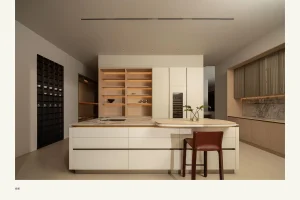 Singapore Showroom Central island backlit shelves and tall cabinetry