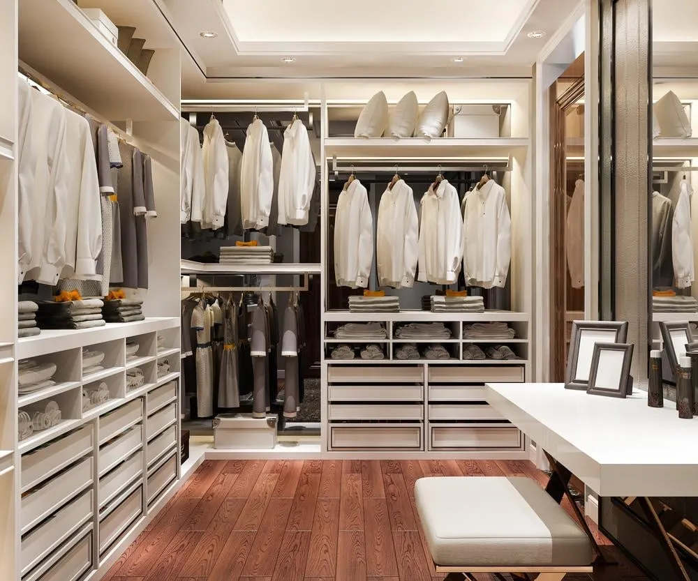 ladies walk in closet ideas Wall to Wall Shelving