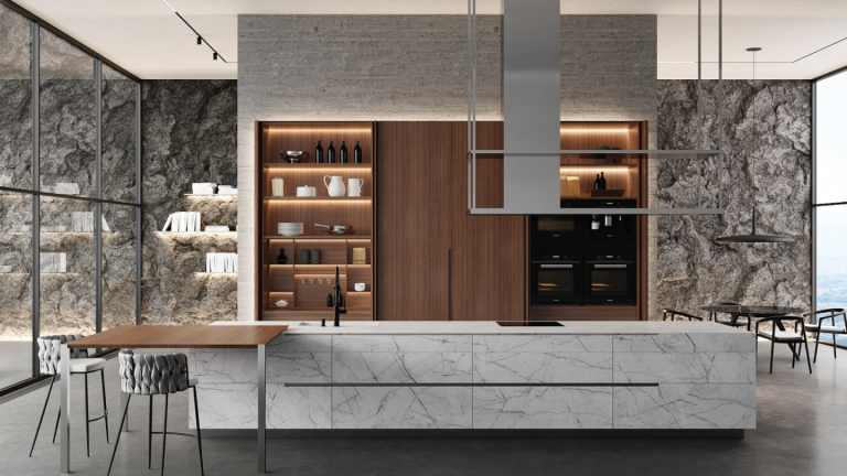 Contemporary kitchen design with a marble countertop and wooden accents