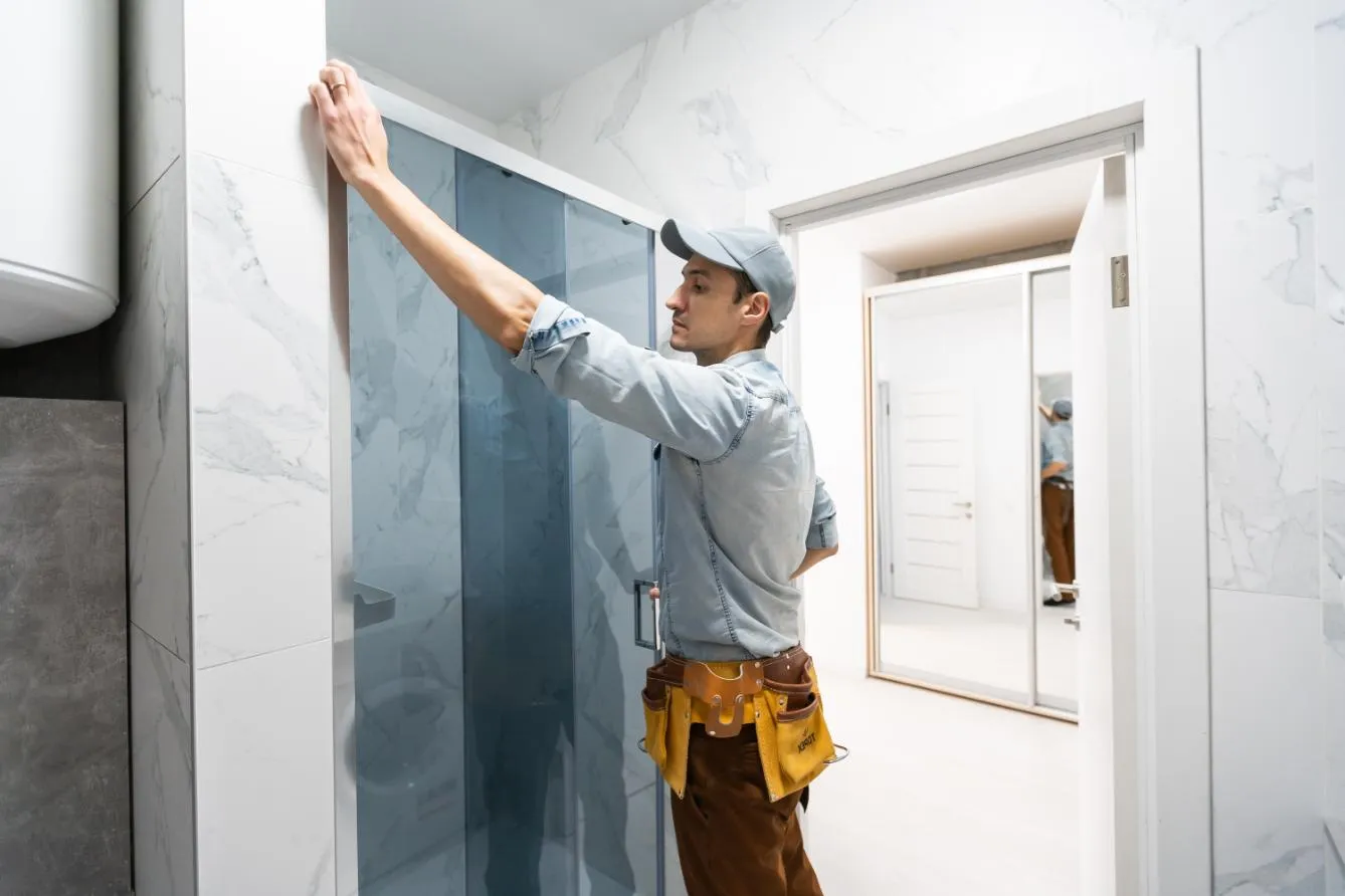 Installer measuring frame for frameless glass door Installer measuring frame for frameless glass door