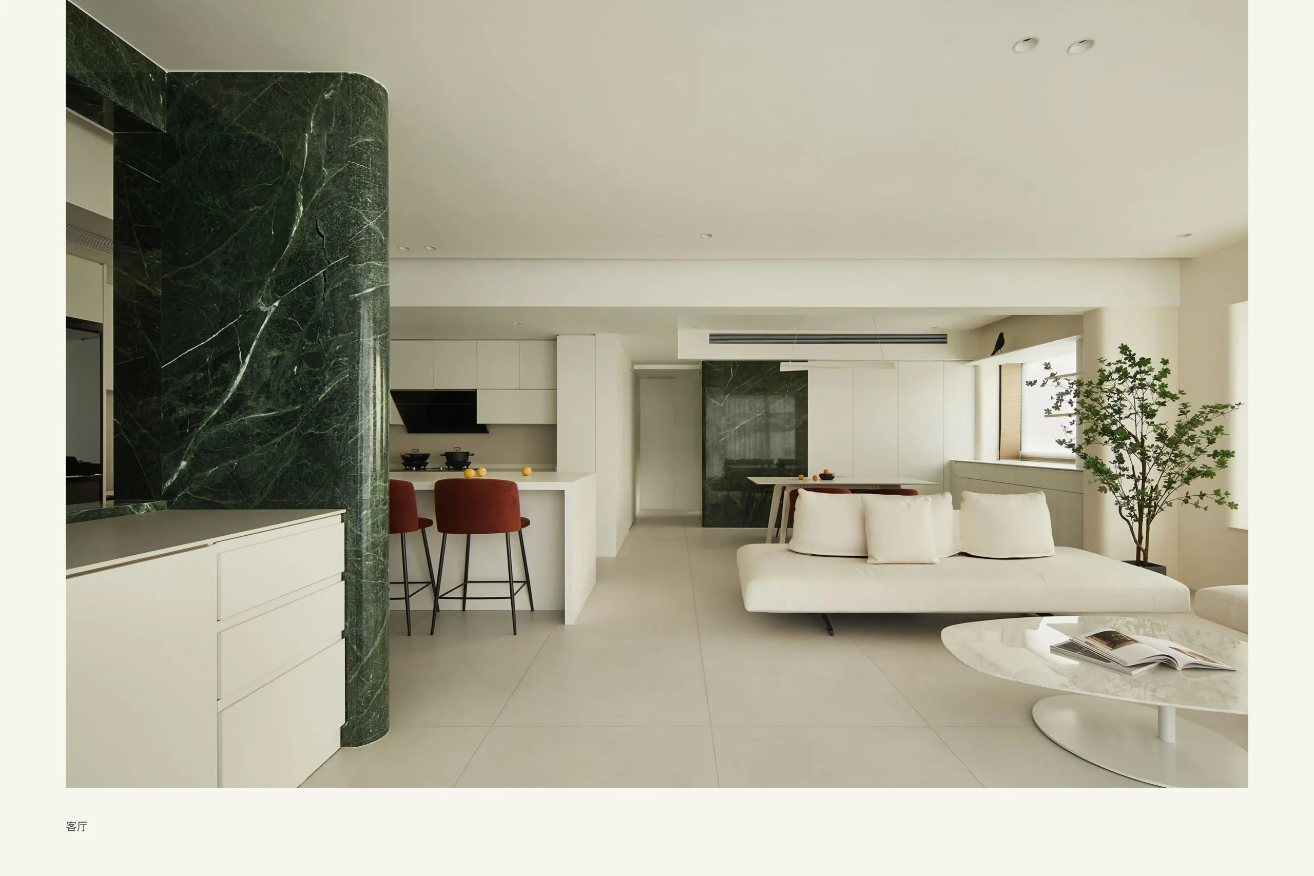 Living room with marble island and seating