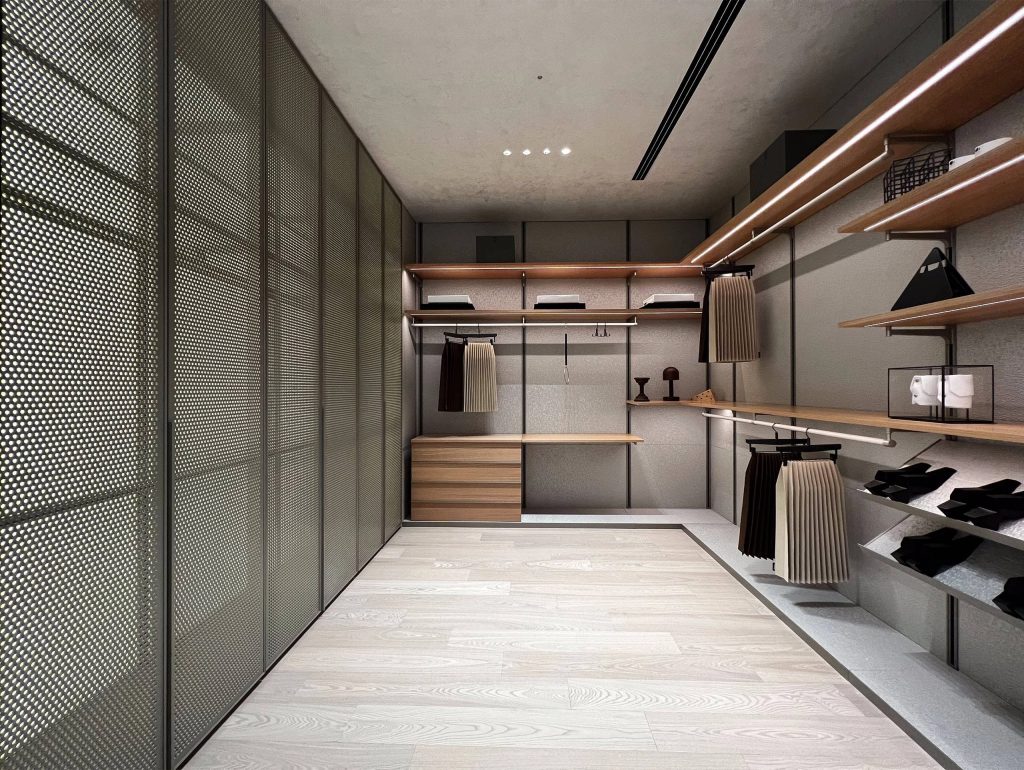 Textured panels and shelving in walk-in wardrobe