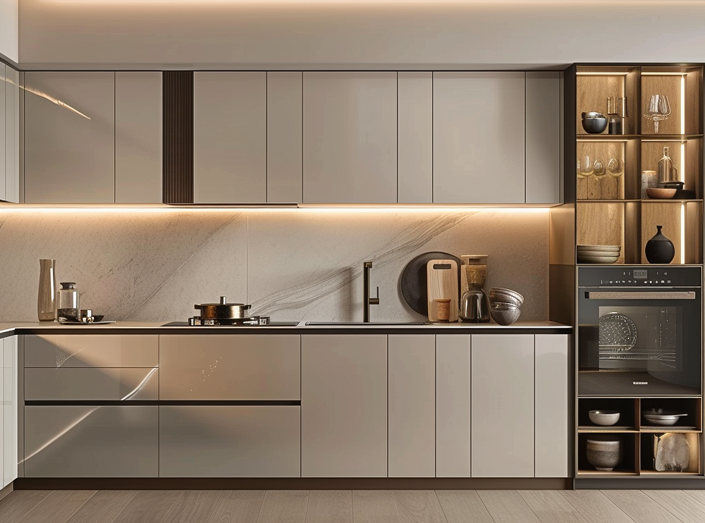 Modern beige kitchen with undercabinet lights