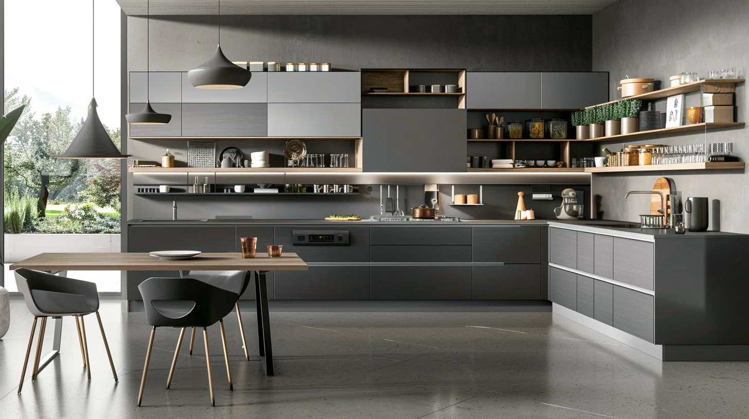 Modern gray kitchen with open shelving and sleek cabinets Modern gray kitchen with open shelving and sleek cabinets