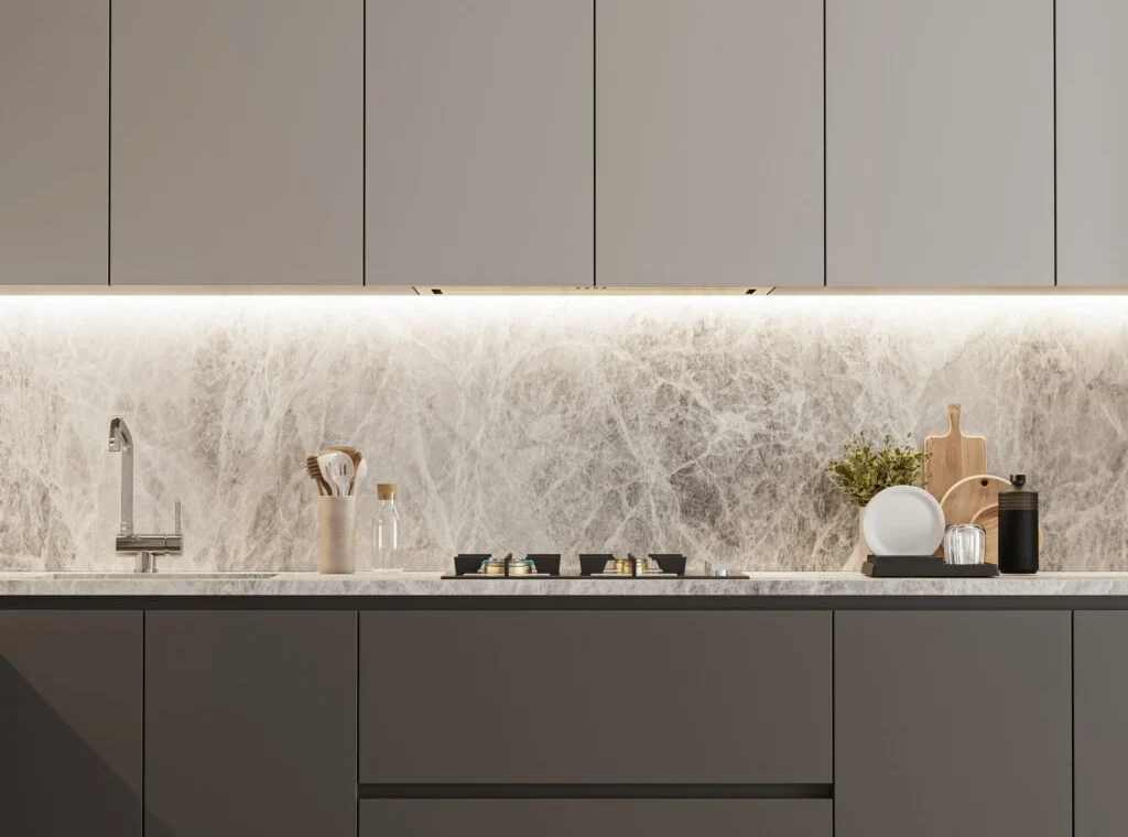 Modern kitchen with gray cabinets and minimal design Modern kitchen with gray cabinets and minimal design
