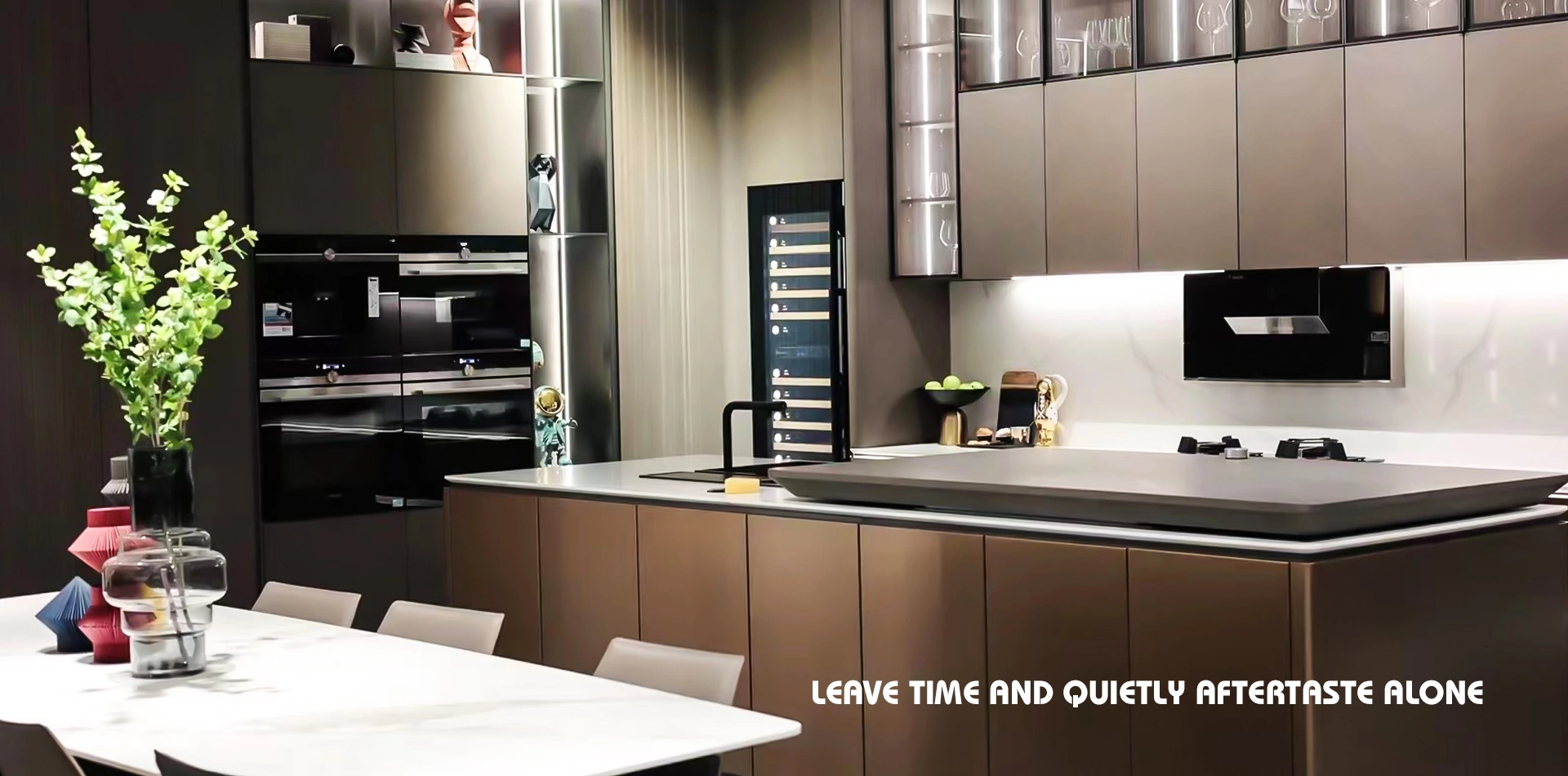 OULIN Modern brown matte kitchen with island and open shelving