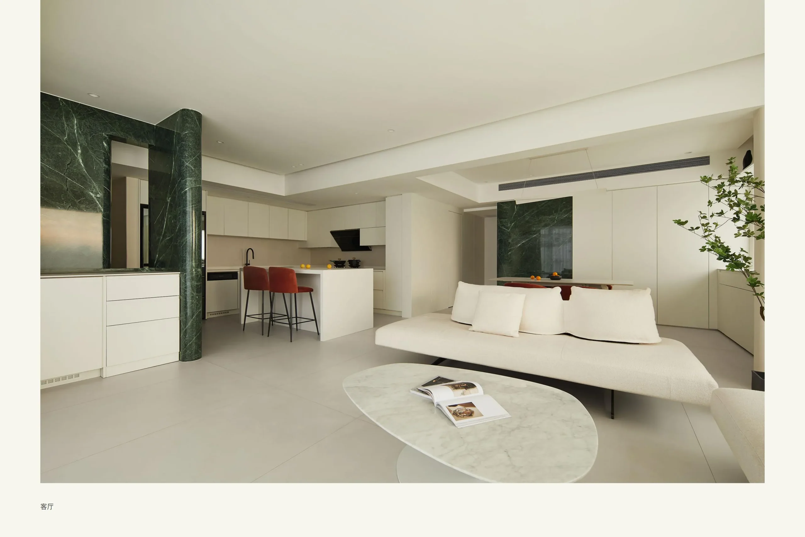 Open plan space with island and sofa