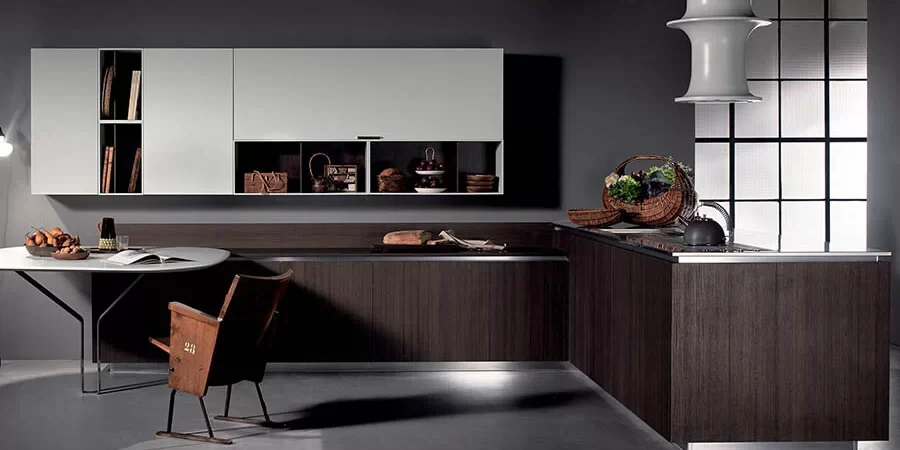 Parlun Building Modern L shaped dark wood and white kitchen cabinets