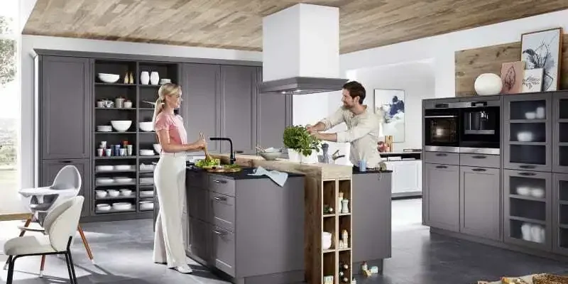 Parlun Building Spacious grey kitchen with island and open shelvingwebp