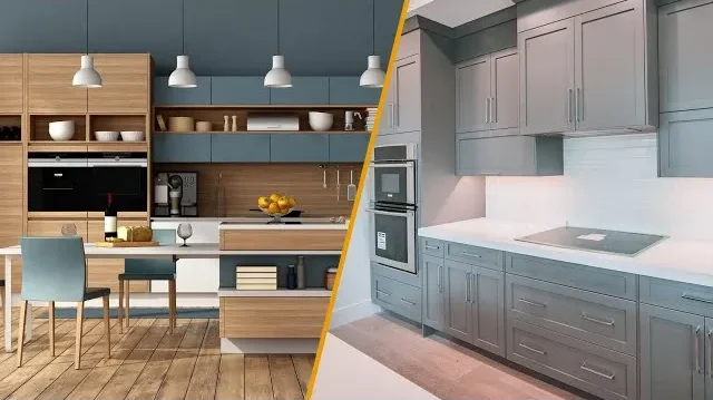 Split view of two contrasting kitchen designs Split view of two contrasting kitchen designs