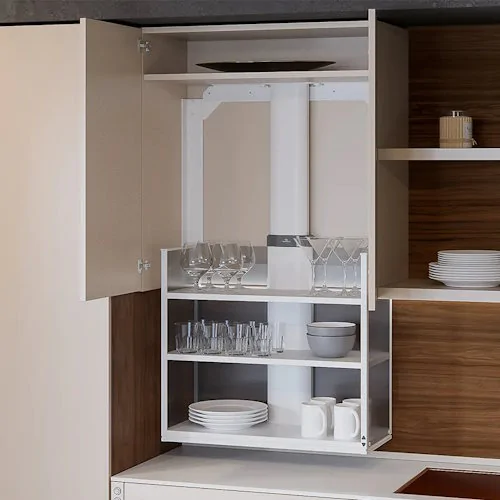 Upper cabinet with shelves around pipe obstruction Upper cabinet with shelves around pipe obstruction