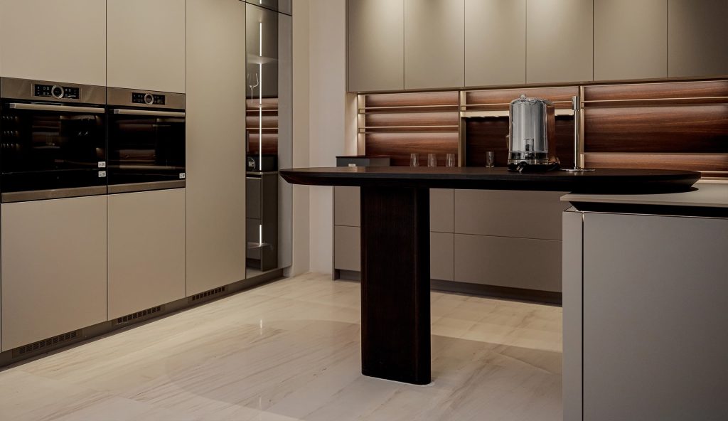 Modern Minimalist Kitchen Cabinet with dark wood accents and minimalist storage.