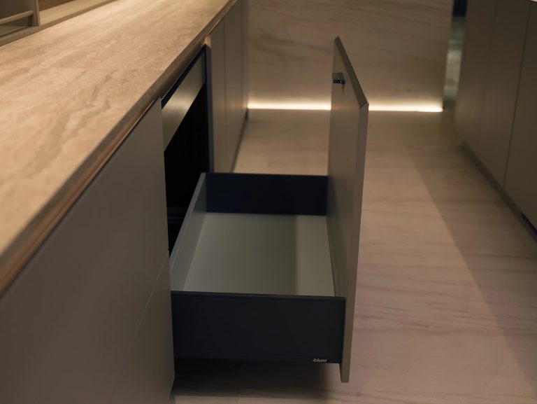Close-up of Minimalist Kitchen Cabinet drawer with sleek design.