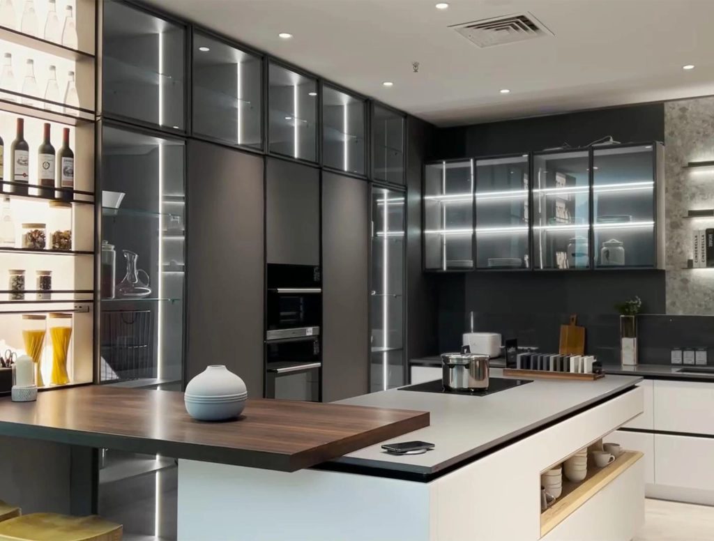 Modern Italian Kitchen Cabinet with sleek design and glass shelves.